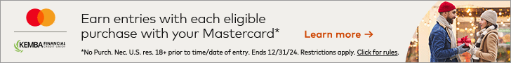 A KEMBA Mastercard banner that says "Earn entries with each eligible purchase with your Mastercard".