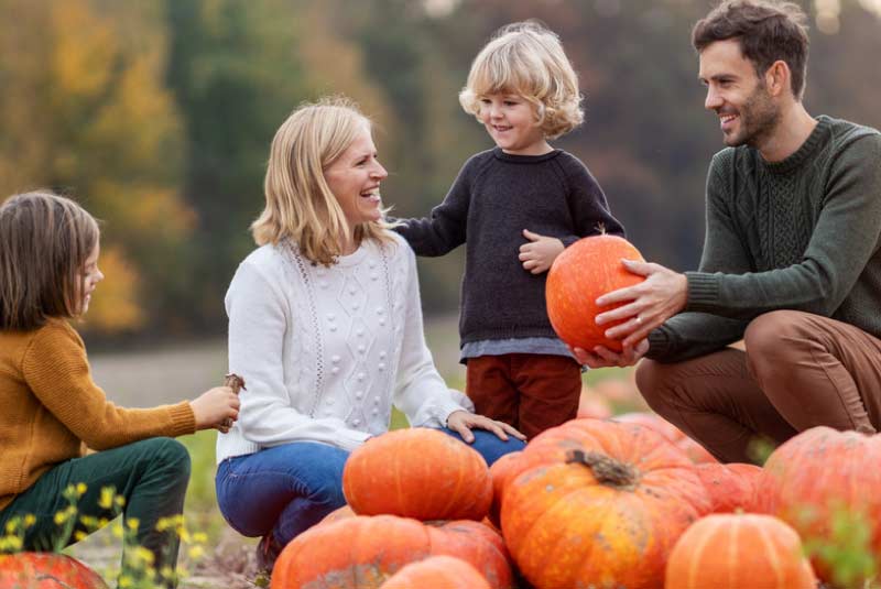 Family enjoying a fall day in a pumpkin patch, representing financial stability and growth