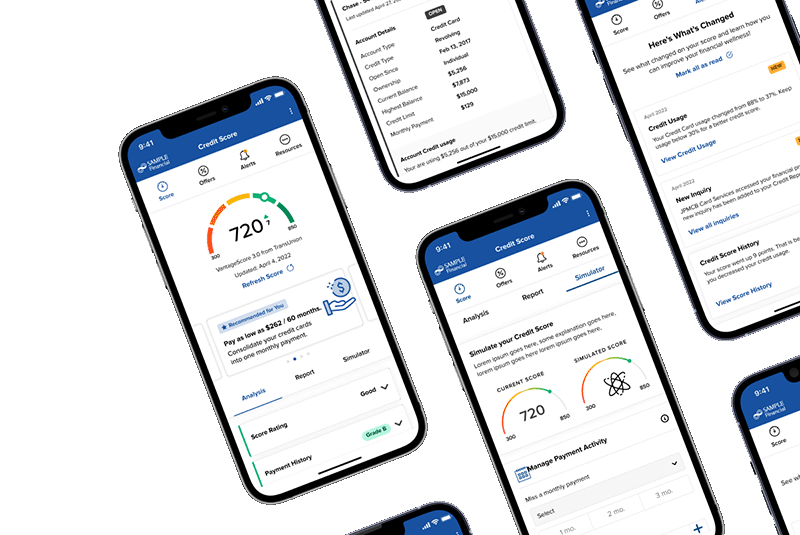 Group of mobile phones with screenshots of Credit Score & Report 